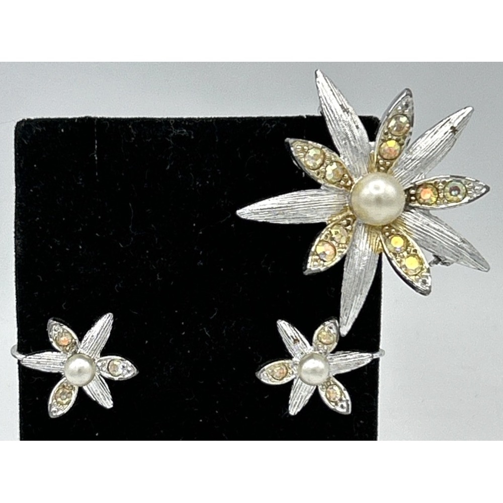 Vtg Emmons Brooch Earrings Set Silver Tone Faux Pearl Rhinestone Pin Clip On